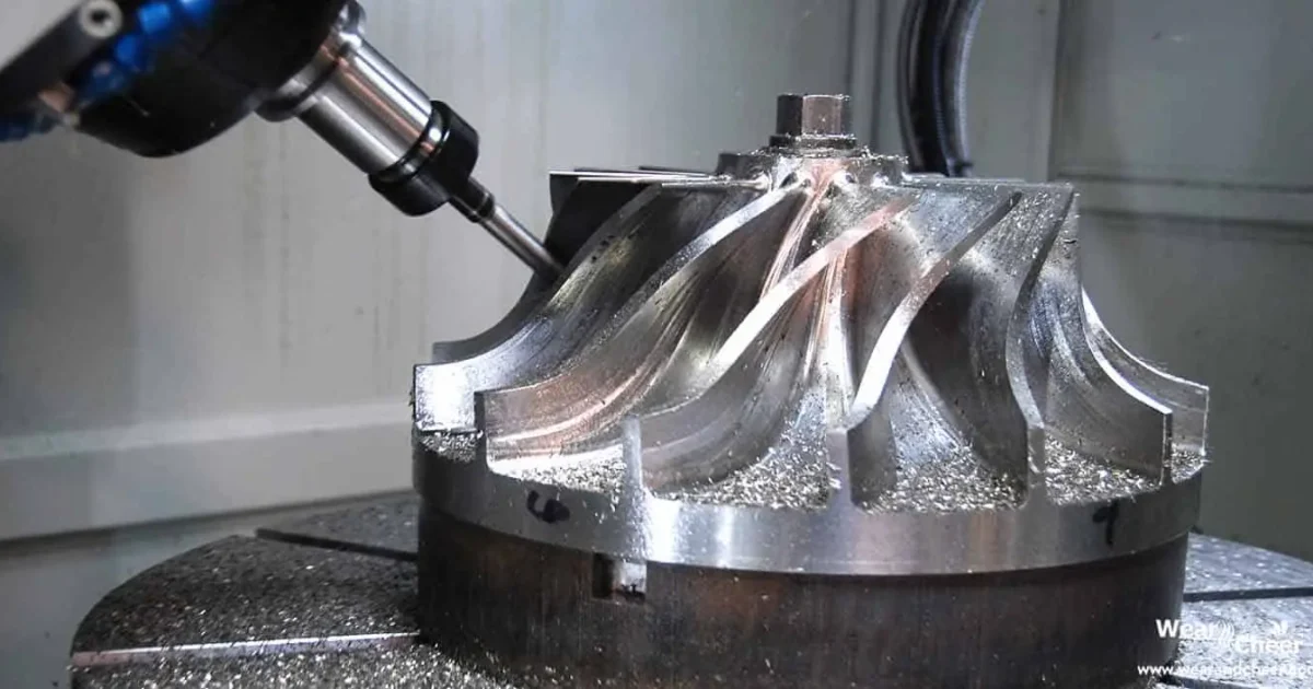 CNC 五軸加工輕量化金屬零件的近拍畫面，展示智慧化製造與高精度切削過程。