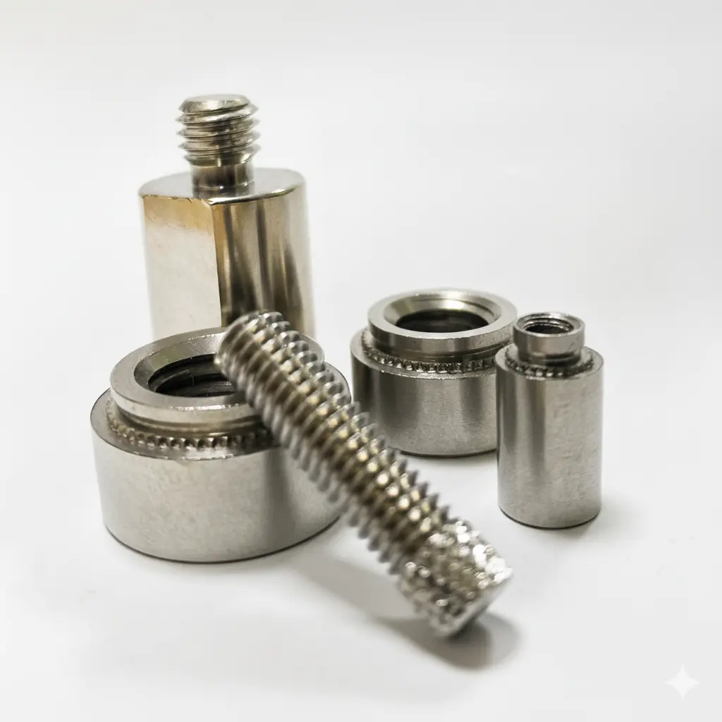 不鏽鋼螺絲與牙條加壓鉚釘組件的近拍展示，展現精密螺紋與五金件結構。