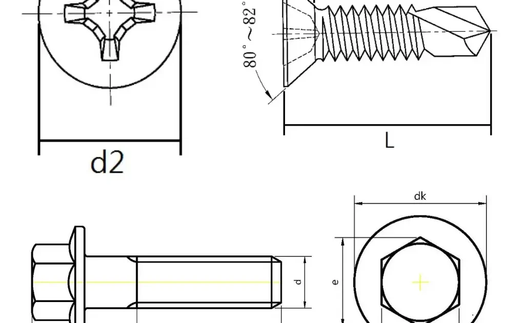 皿頭十字鑽尾螺絲工程圖，顯示螺絲頭部角度、牙距、長度L與頭部直徑d2等規格標註