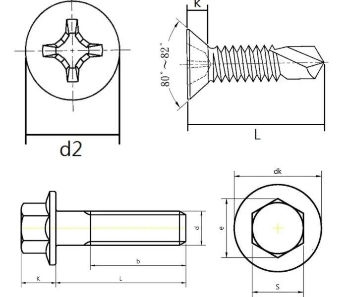 皿頭十字鑽尾螺絲工程圖，顯示螺絲頭部角度、牙距、長度L與頭部直徑d2等規格標註