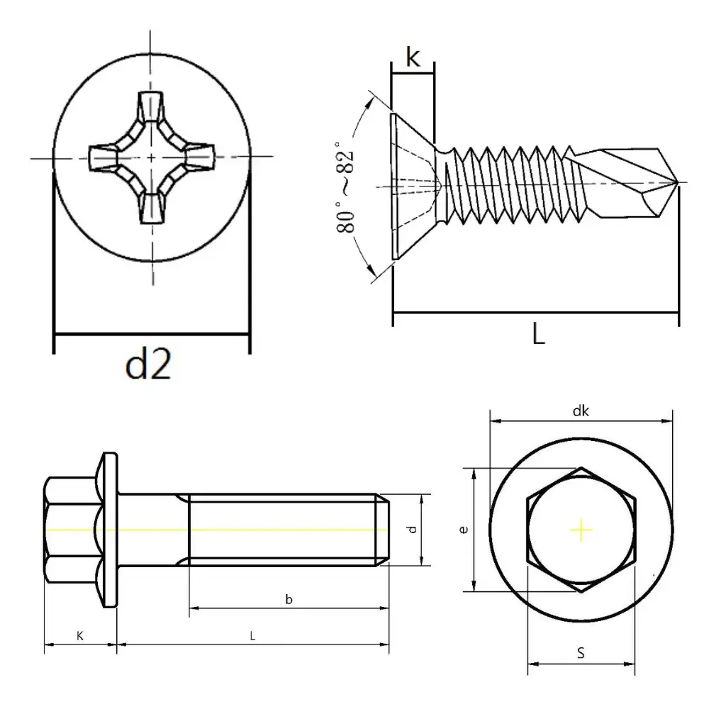 皿頭十字鑽尾螺絲工程圖,顯示螺絲頭部角度、牙距、長度L與頭部直徑d2等規格標註