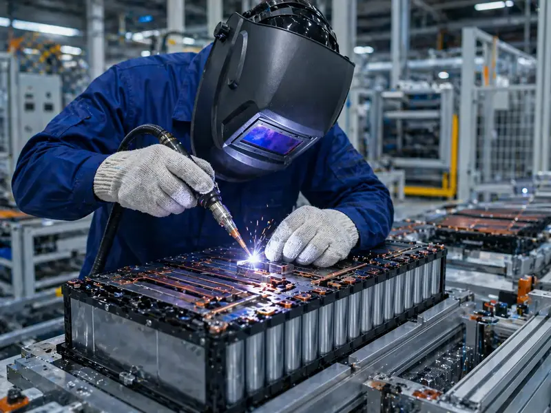 Factory technician using welding equipment for precision processing of lithium-ion battery metal components, demonstrating high standards in battery manufacturing